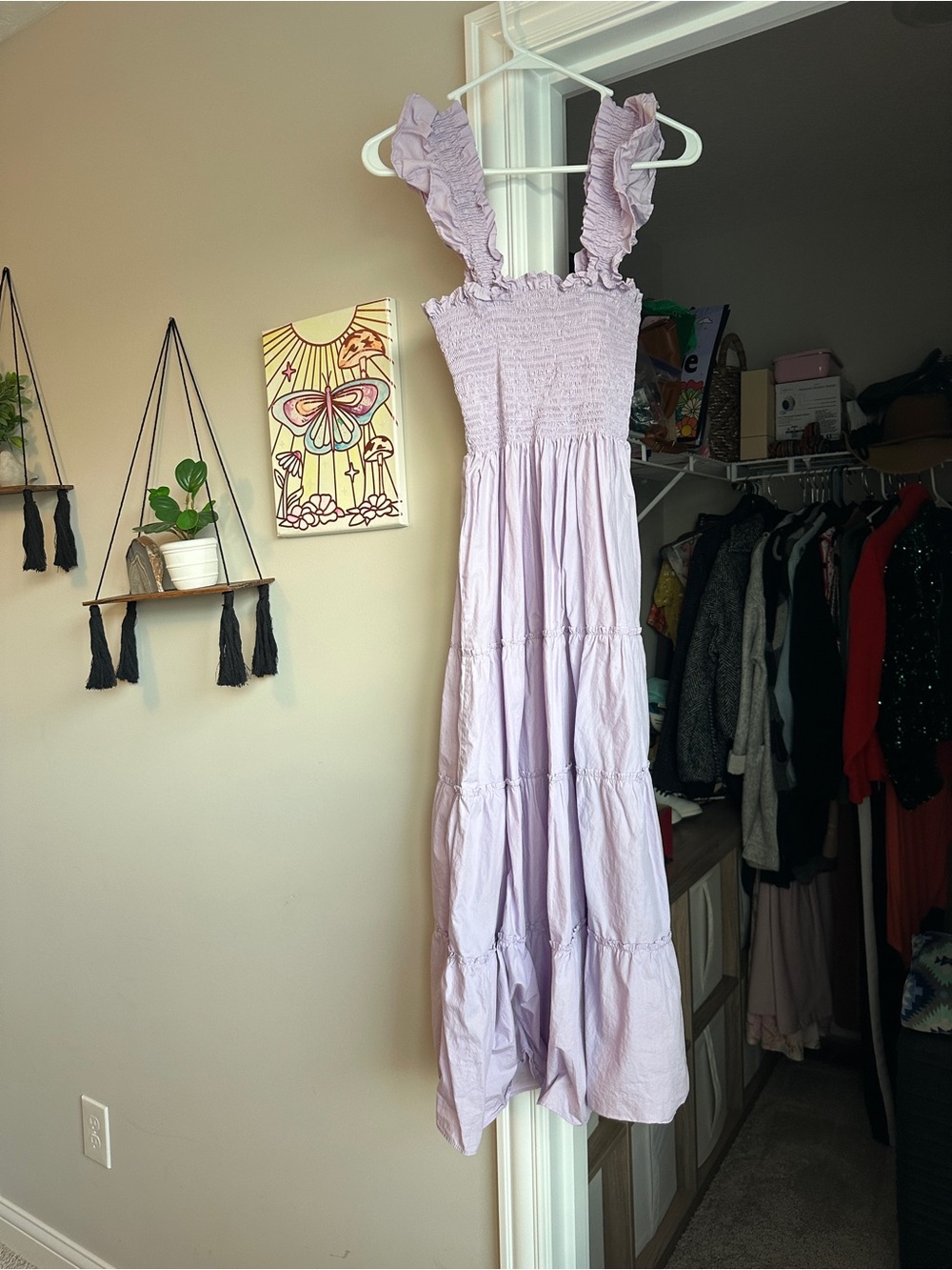 Quince Lavender Smocked Ruffle-Shoulder Maxi Dress
